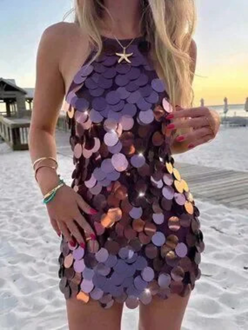 Purple Backless Sequin Women's Mini Dress